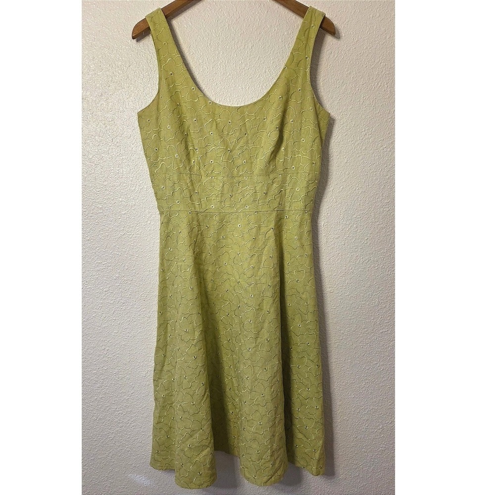 Vintage Linen Pistachio Eyelet Midi Embroidered Dress Garden Party Sundress 8